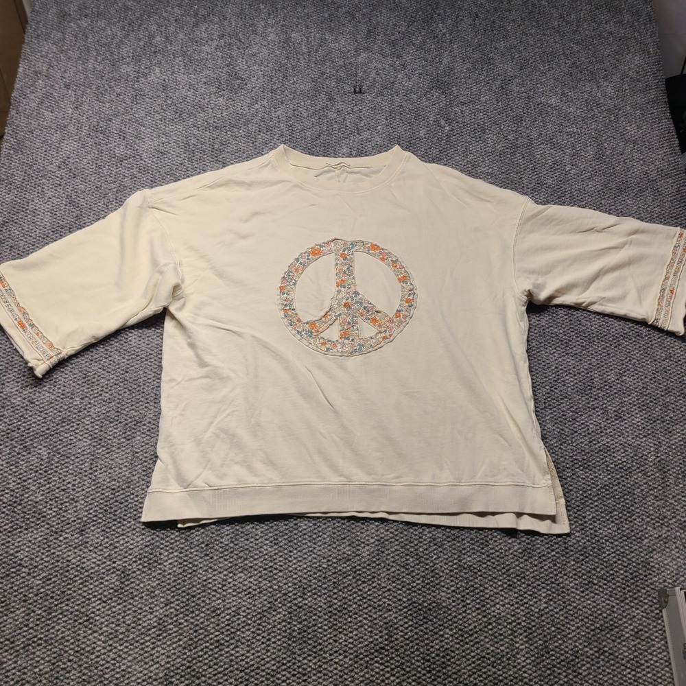 Easel Los Angeles Floral Peace Sign Sweatshirt Cream Oversized L ET18758